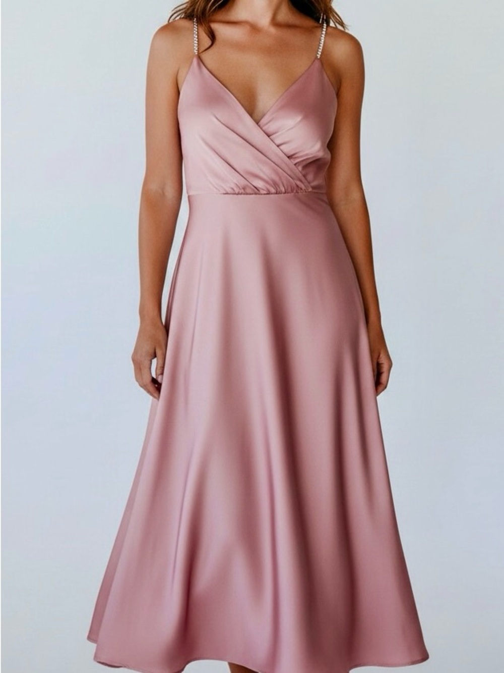 Mauve Satin A-Line Midi Dress with Pearl Chain Straps Size Large